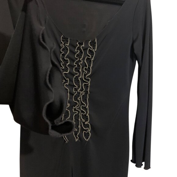 Vintage Luly K Sheer Black Midi Dress With Ruffle Front Bell Sleeves Sz L Witchy - Picture 11 of 16